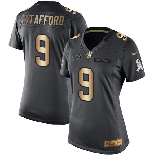 Women's Nike Detroit Lions #9 Matthew Stafford Limited Black/Gold Salute to Service NFL Jersey