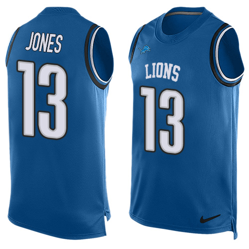 Men's Nike Detroit Lions #13 T.J. Jones Limited Blue Player Name & Number Tank Top NFL Jersey