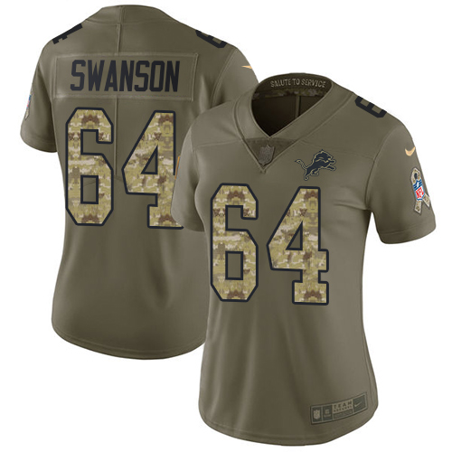 Women's Nike Detroit Lions #64 Travis Swanson Limited Olive/Camo Salute to Service NFL Jersey