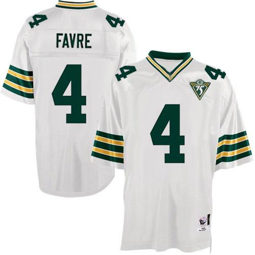 Mitchell and Ness Green Bay Packers #4 Brett Favre Authentic White With 75th Patch Throwback NFL Jersey