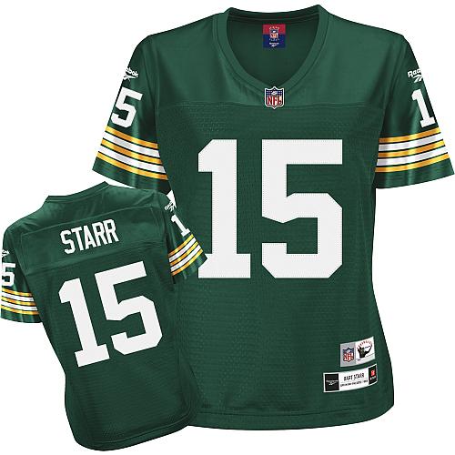 Reebok Green Bay Packers #15 Bart Starr Green Women's Throwback Team Color Premier EQT NFL Jersey