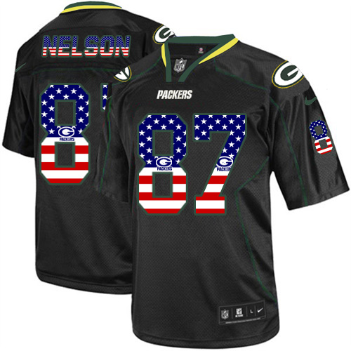 Men's Nike Green Bay Packers #87 Jordy Nelson Elite Black USA Flag Fashion NFL Jersey