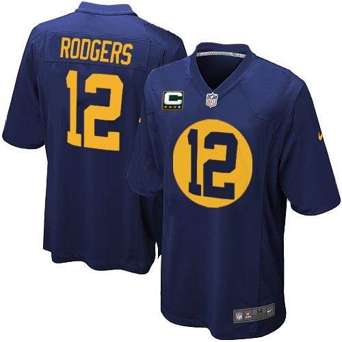 Youth Nike Green Bay Packers #12 Aaron Rodgers Elite Navy Blue Alternate C Patch NFL Jersey