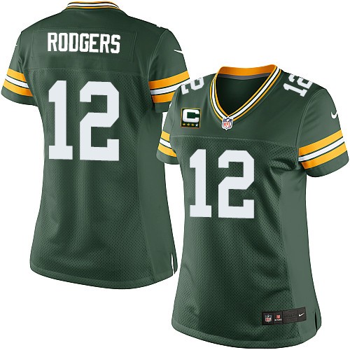 Women's Nike Green Bay Packers #12 Aaron Rodgers Elite Green Team Color C Patch NFL Jersey