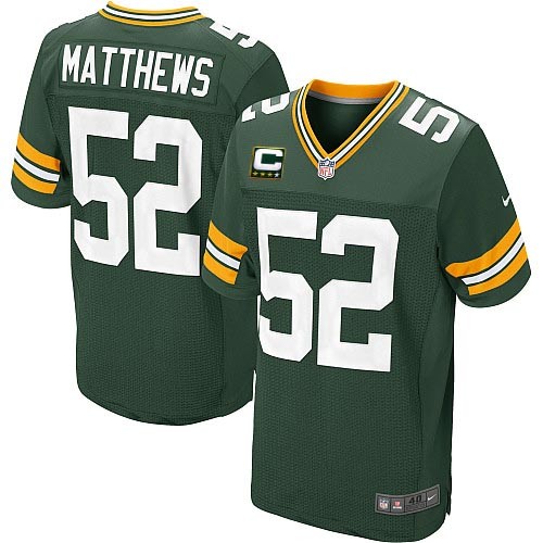 Men's Nike Green Bay Packers #52 Clay Matthews Elite Green Team Color C Patch NFL Jersey