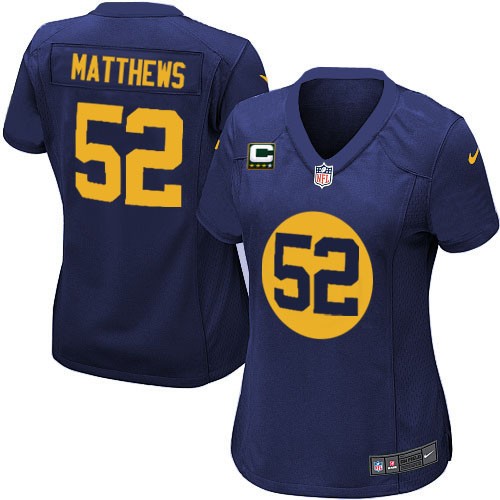 Women's Nike Green Bay Packers #52 Clay Matthews Elite Navy Blue Alternate C Patch NFL Jersey
