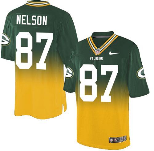 Men's Nike Green Bay Packers #87 Jordy Nelson Elite Green/Gold Fadeaway NFL Jersey