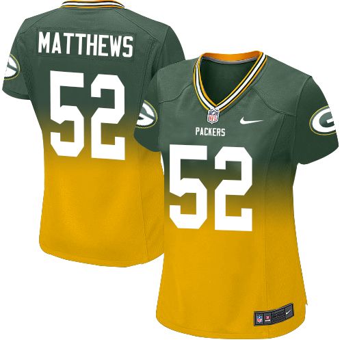 Women's Nike Green Bay Packers #52 Clay Matthews Elite Green/Gold Fadeaway NFL Jersey