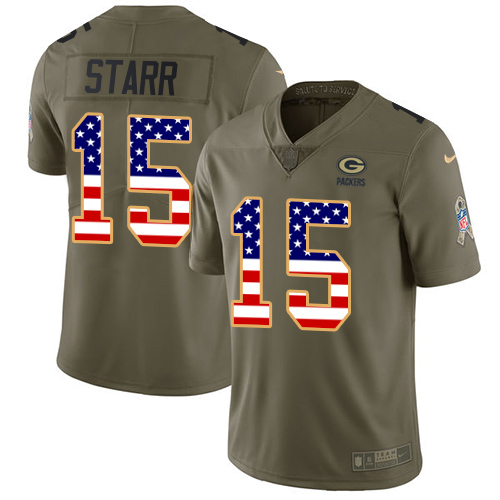 Men's Nike Green Bay Packers #15 Bart Starr Limited Olive/USA Flag 2017 Salute to Service NFL Jersey