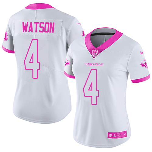 Women's Nike Houston Texans #4 Deshaun Watson Limited White/Pink Rush Fashion NFL Jersey