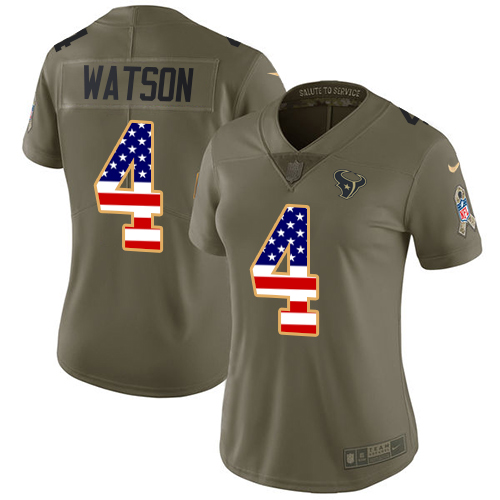 Women's Nike Houston Texans #4 Deshaun Watson Limited Olive/USA Flag 2017 Salute to Service NFL Jersey