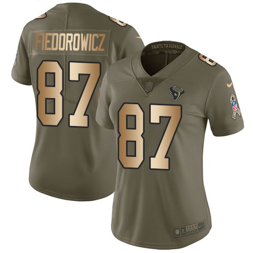 Women's Nike Houston Texans #87 C.J. Fiedorowicz Limited Olive/Gold 2017 Salute to Service NFL Jersey