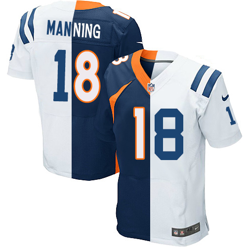 Men's Nike Indianapolis Colts #18 Peyton Manning Elite White/Navy Blue Split Fashion NFL Jersey
