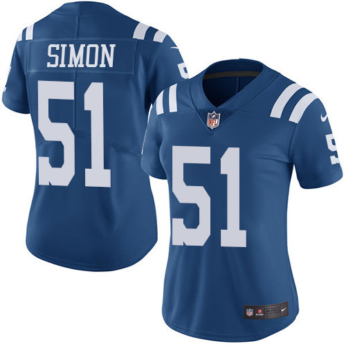 Women's Nike Indianapolis Colts #51 John Simon Limited Royal Blue Rush Vapor Untouchable NFL Jersey