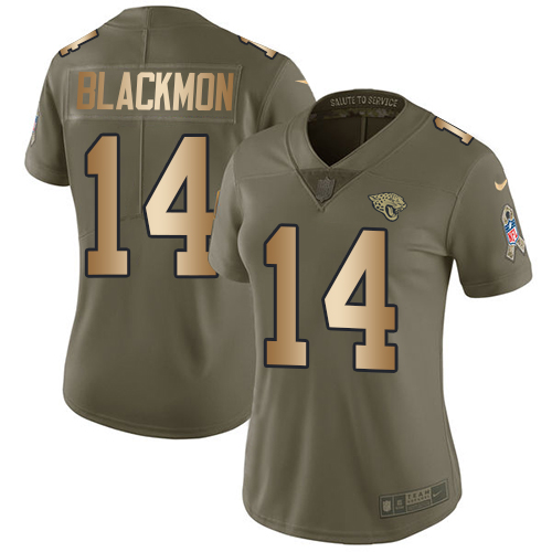 Women's Nike Jacksonville Jaguars #14 Justin Blackmon Limited Olive/Gold 2017 Salute to Service NFL Jersey