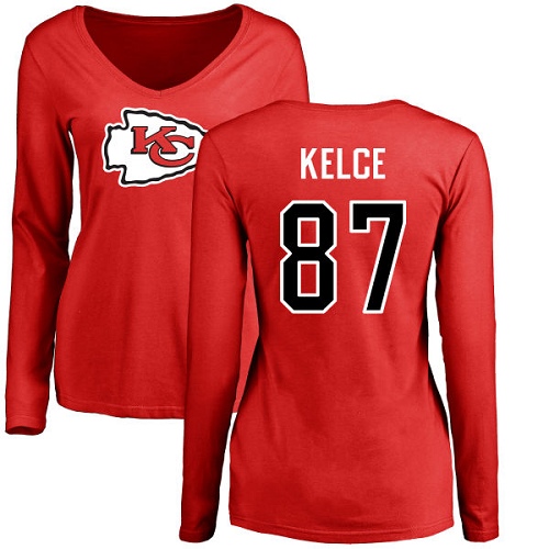 NFL Women's Nike Kansas City Chiefs #87 Travis Kelce Red Name & Number Logo Slim Fit Long Sleeve T-Shirt