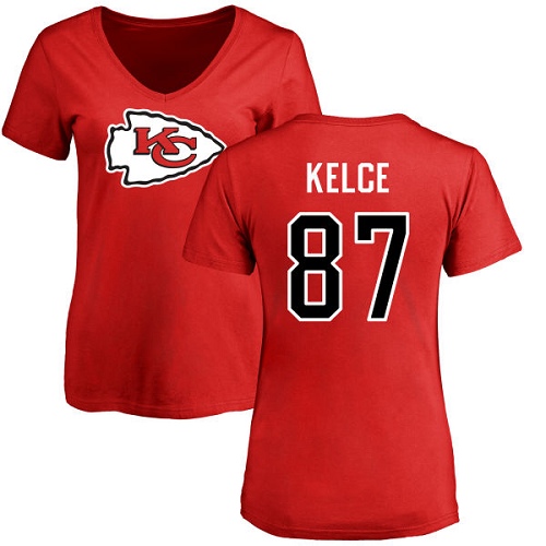 NFL Women's Nike Kansas City Chiefs #87 Travis Kelce Red Name & Number Logo Slim Fit T-Shirt