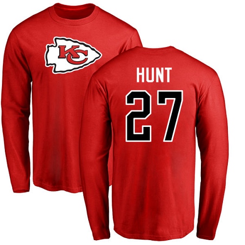 NFL Nike Kansas City Chiefs #27 Kareem Hunt Red Name & Number Logo Long Sleeve T-Shirt