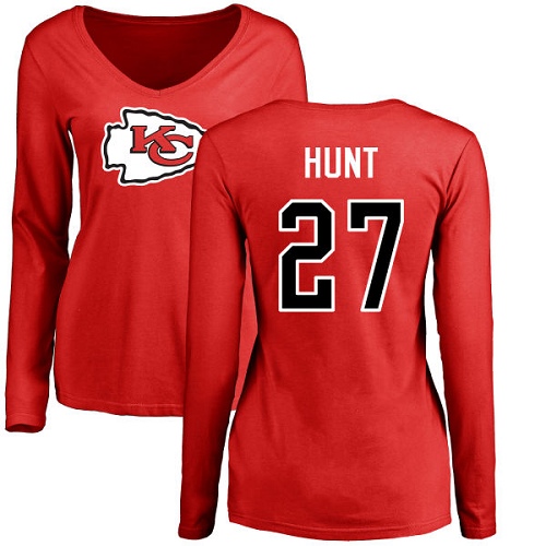 NFL Women's Nike Kansas City Chiefs #27 Kareem Hunt Red Name & Number Logo Slim Fit Long Sleeve T-Shirt