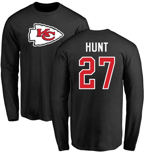NFL Nike Kansas City Chiefs #27 Kareem Hunt Black Name & Number Logo Long Sleeve T-Shirt