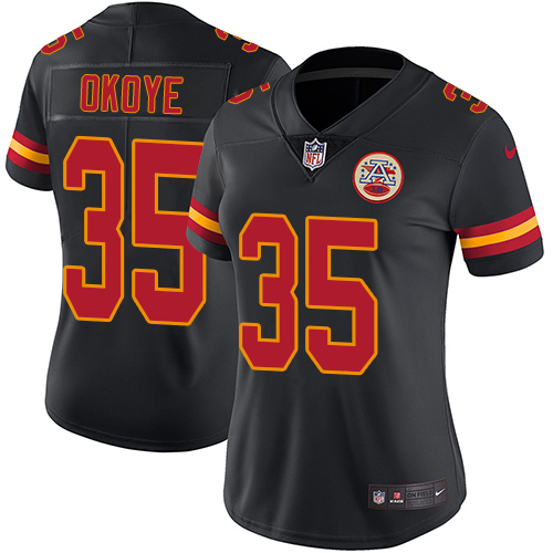 Women's Nike Kansas City Chiefs #35 Christian Okoye Limited Black Rush Vapor Untouchable NFL Jersey