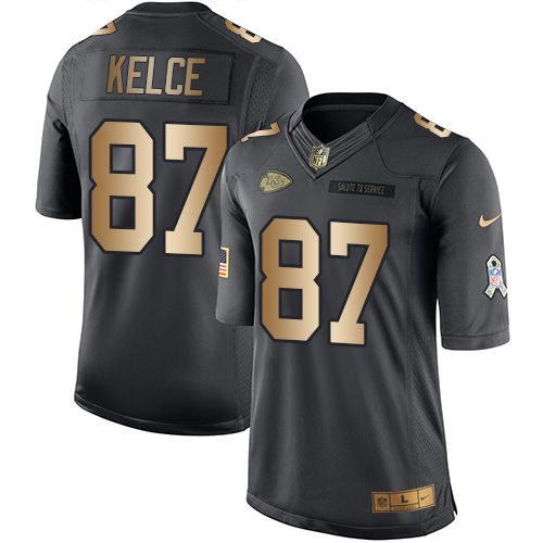 Men's Nike Kansas City Chiefs #87 Travis Kelce Limited Black/Gold Salute to Service NFL Jersey