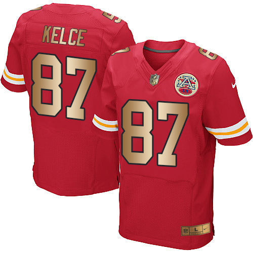 Men's Nike Kansas City Chiefs #87 Travis Kelce Elite Red/Gold Team Color NFL Jersey