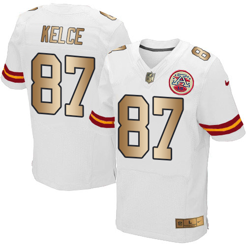 Men's Nike Kansas City Chiefs #87 Travis Kelce Elite White/Gold NFL Jersey