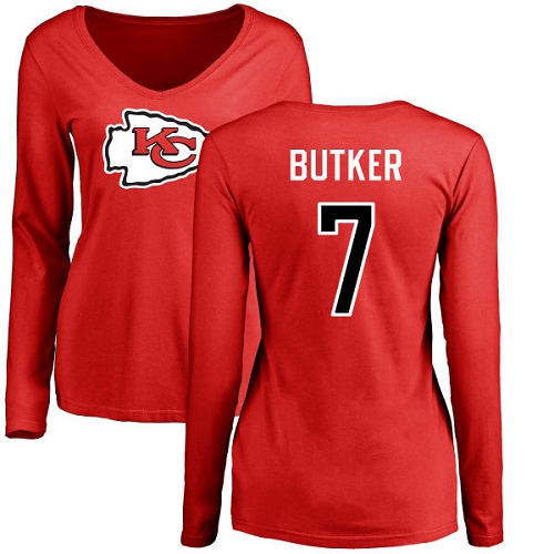 NFL Women's Nike Kansas City Chiefs #7 Harrison Butker Red Name & Number Logo Slim Fit Long Sleeve T-Shirt