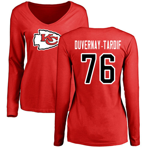 NFL Women's Nike Kansas City Chiefs #76 Laurent Duvernay-Tardif Red Name & Number Logo Slim Fit Long Sleeve T-Shirt