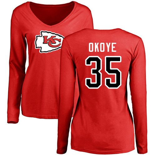 NFL Women's Nike Kansas City Chiefs #35 Christian Okoye Red Name & Number Logo Slim Fit Long Sleeve T-Shirt