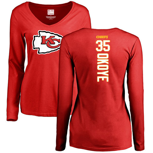 NFL Women's Nike Kansas City Chiefs #35 Christian Okoye Red Backer Slim Fit Long Sleeve T-Shirt