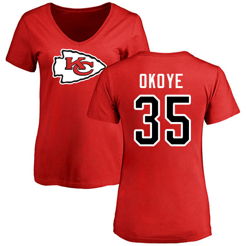 NFL Women's Nike Kansas City Chiefs #35 Christian Okoye Red Name & Number Logo Slim Fit T-Shirt