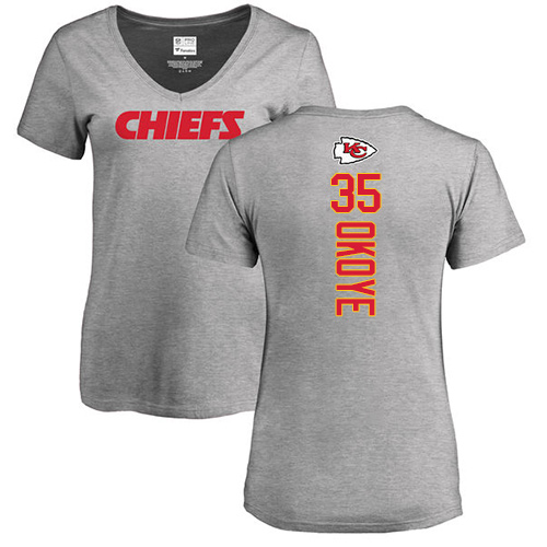 NFL Women's Nike Kansas City Chiefs #35 Christian Okoye Ash Backer V-Neck T-Shirt