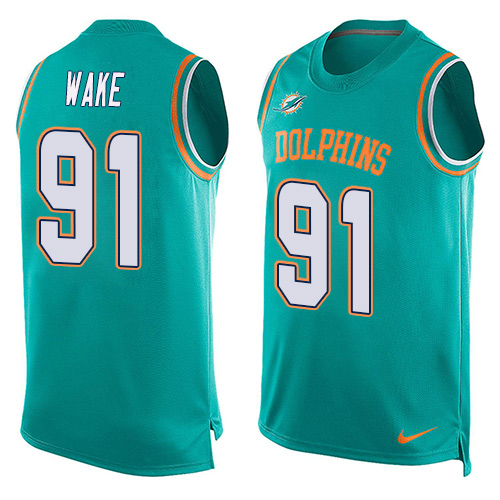 Men's Nike Miami Dolphins #91 Cameron Wake Limited Aqua Green Player Name & Number Tank Top NFL Jersey