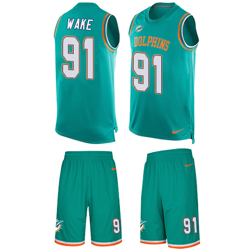 Men's Nike Miami Dolphins #91 Cameron Wake Limited Aqua Green Tank Top Suit NFL Jersey