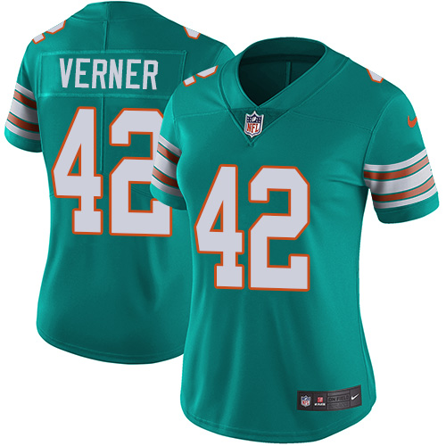 Women's Nike Miami Dolphins #42 Alterraun Verner Aqua Green Alternate Vapor Untouchable Limited Player NFL Jersey