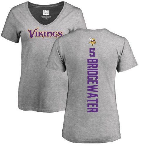 NFL Women's Nike Minnesota Vikings #5 Teddy Bridgewater Ash Backer V-Neck T-Shirt