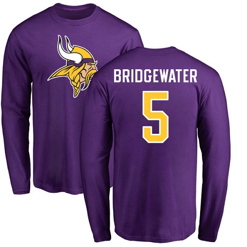 NFL Nike Minnesota Vikings #5 Teddy Bridgewater Purple Name & Number Logo Long Sleeve T-Shirt