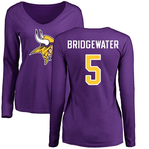 NFL Women's Nike Minnesota Vikings #5 Teddy Bridgewater Purple Name & Number Logo Slim Fit Long Sleeve T-Shirt