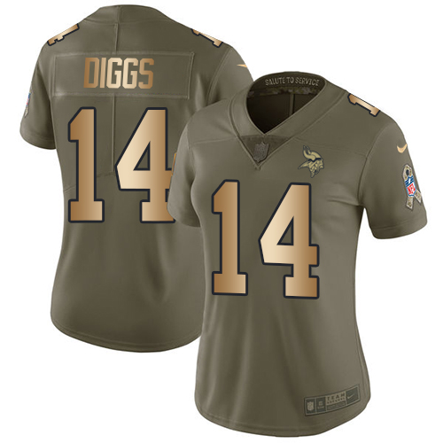 Women's Nike Minnesota Vikings #14 Stefon Diggs Limited Olive/Gold 2017 Salute to Service NFL Jersey