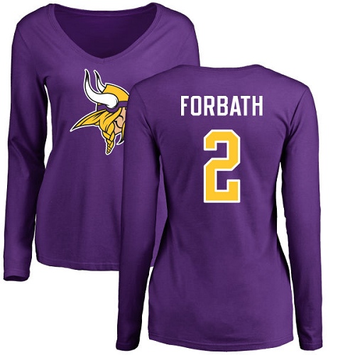 NFL Women's Nike Minnesota Vikings #2 Kai Forbath Purple Name & Number Logo Slim Fit Long Sleeve T-Shirt