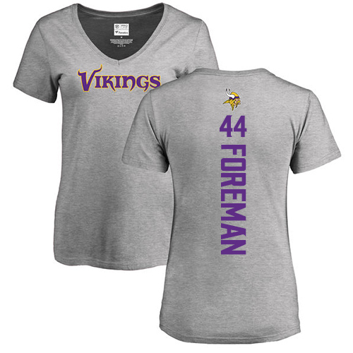 NFL Women's Nike Minnesota Vikings #44 Chuck Foreman Ash Backer V-Neck T-Shirt