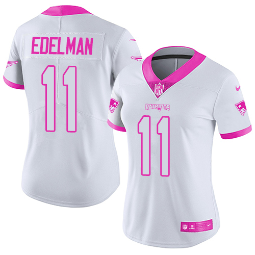 Women's Nike New England Patriots #11 Julian Edelman Limited White/Pink Rush Fashion NFL Jersey