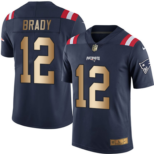 Men's Nike New England Patriots #12 Tom Brady Limited Navy/Gold Rush Vapor Untouchable NFL Jersey