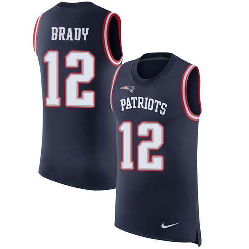 Men's Nike New England Patriots #12 Tom Brady Navy Blue Rush Player Name & Number Tank Top NFL Jersey