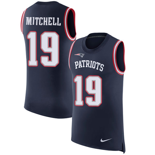 Men's Nike New England Patriots #19 Malcolm Mitchell Navy Blue Rush Player Name & Number Tank Top NFL Jersey