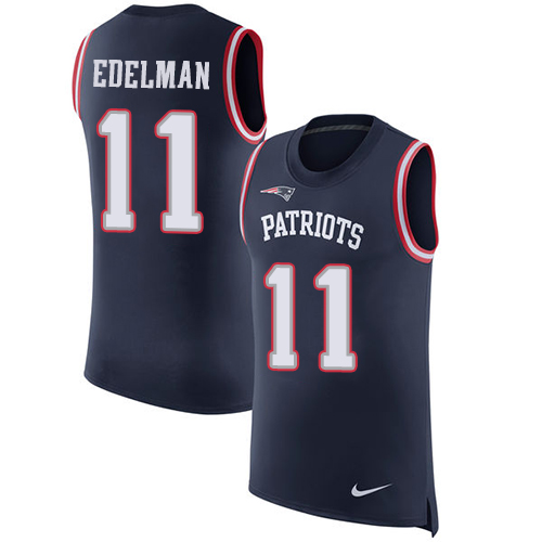 Men's Nike New England Patriots #11 Julian Edelman Navy Blue Rush Player Name & Number Tank Top NFL Jersey