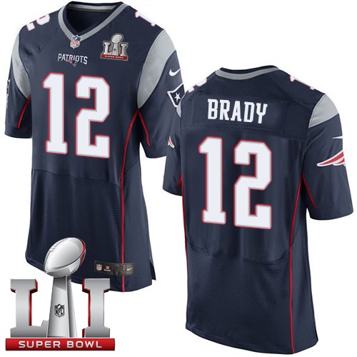 Men's Nike New England Patriots #12 Tom Brady Elite Navy Blue Team Color Super Bowl LI 51 NFL Jersey