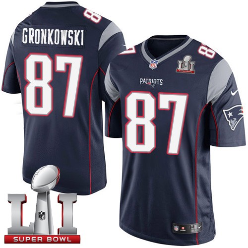 Youth Nike New England Patriots #87 Rob Gronkowski Elite Navy Blue Team Color Super Bowl LI 51 NFL Jersey